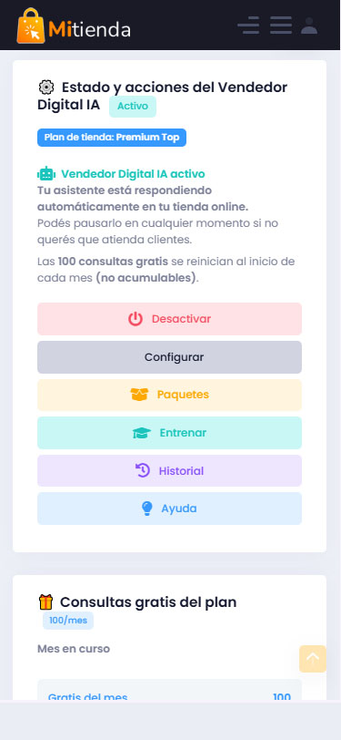 Panel de configuración del Vendedor Digital